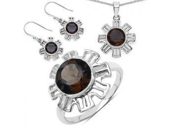 9.45 Carat Genuine Smoky Quartz .925 Sterling Silver Ring, Pendant And Earrings Set