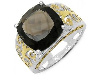 Two Tone Plated 7.09 Carat Genuine Smoky Quartz .925 Sterling Silver Ring