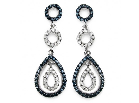 0.90 Carat Genuine Blue Diamond & White Diamond .925 Sterling Silver Earrings