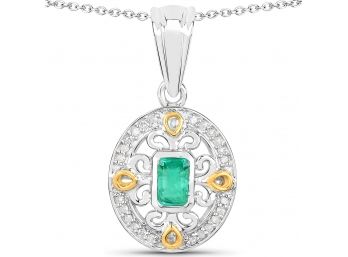 0.35 Carat Genuine Zambian Emerald And White Diamond .925 Sterling Silver Pendant