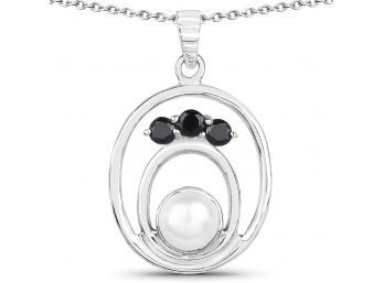 0.36 Carat Genuine Blue Sapphire And Pearl .925 Sterling Silver Pendant
