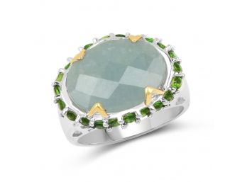 Two Tone Plated 9.12 Carat Genuine Milky Aquamarine And Chrome Diopside .925 Sterling Silver Ring