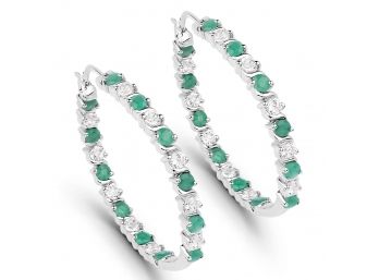 2.92 Carat Genuine Emerald And White Topaz .925 Sterling Silver Earrings