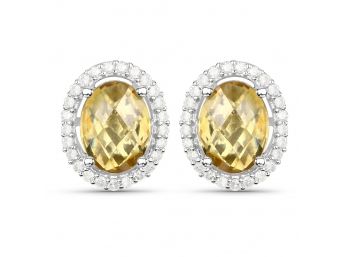 2.93 Carat Genuine Citrine And White Diamond .925 Sterling Silver Earrings