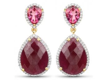 18K Yellow Gold Plated 19.34 Carat Genuine Ruby, Pink Topaz And White Topaz .925 Sterling Silver Earrings