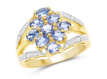 14K Yellow Gold Plated 1.59 Carat Genuine Tanzanite And White Topaz .925 Sterling Silver Ring