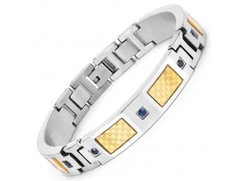 Titanium Men's Bracelet With Gold Plated Inlay, 0.72ctw. Natural Blue Sapphire