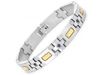 Titanium Men's Bracelet With Gold Plated Inlay, 0.56ctw. Natural Blue Sapphire