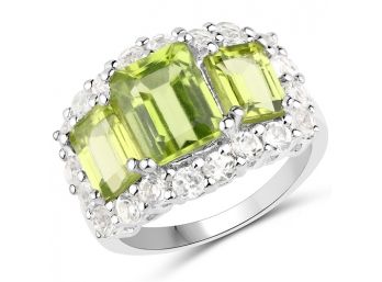 6.00 Carat Genuine Peridot And White Topaz .925 Sterling Silver Ring