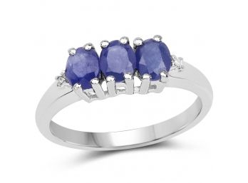 1.15 Carat Genuine Blue Sapphire & White Diamond .925 Sterling Silver Ring, Size 6.00