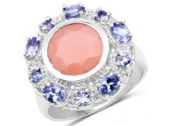 4.50 Carat Genuine Peach Moonstone And Tanzanite .925 Sterling Silver Ring