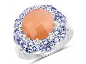 7.20 Carat Genuine Peach Moonstone And Tanzanite .925 Sterling Silver Ring