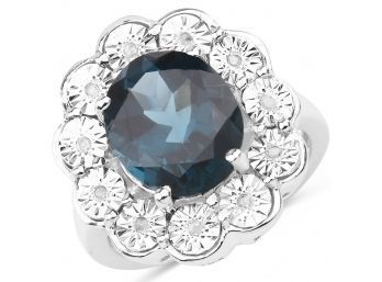 5.11 Carat Genuine London Blue Topaz And White Diamond .925 Sterling Silver Ring