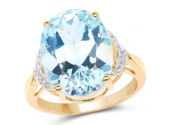 14K Yellow Gold Plated 11.32 Carat Genuine Blue Topaz And White Topaz .925 Sterling Silver Ring, Size 8.00