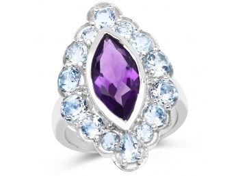 5.30 Carat Genuine Amethyst And Blue Topaz .925 Sterling Silver Ring