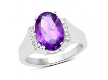 3.12 Carat Genuine  Amethyst And White Topaz .925 Sterling Silver Ring