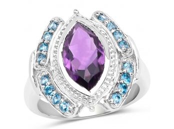 3.06 Carat Genuine Amethyst And London Blue Topaz .925 Sterling Silver Ring