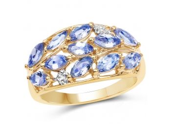 14K Yellow Gold Plated 1.56 Carat Genuine Tanzanite And White Topaz .925 Sterling Silver Ring