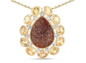 14K Yellow Gold Plated 5.14 Carat Genuine Red Druzy And Citrine .925 Sterling Silver Pendant