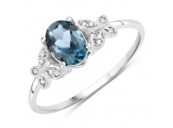 0.94 Carat Genuine London Blue Topaz And White Diamond 14K White Gold Ring