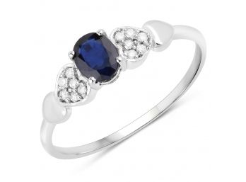 0.44 Carat Genuine Blue Sapphire And White Diamond 14K White Gold Ring