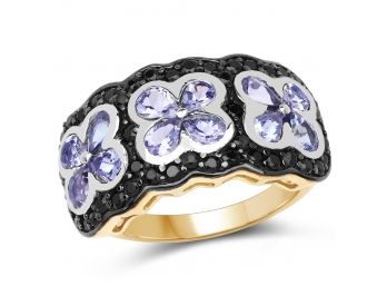 14K Yellow Gold Plated 2.60 Carat Genuine Tanzanite And Black Spinel .925 Sterling Silver Ring
