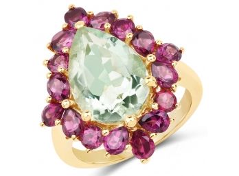 14K Yellow Gold Plated 7.21 Carat Genuine Green Amethyst And Rhodolite .925 Sterling Silver Ring