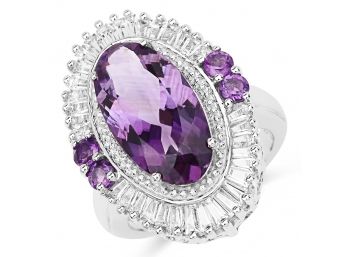 7.96 Carat Genuine Amethyst And White Topaz .925 Sterling Silver Ring, Size 6.00