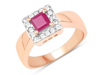 14K Rose Gold Plated 1.26 Carat Genuine Ruby & White Topaz .925 Sterling Silver Ring