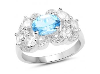 3.20 Carat Genuine Blue Topaz And White Zircon .925 Sterling Silver Ring