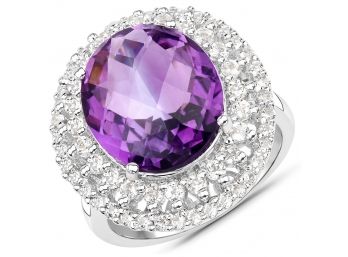 8.41 Carat Genuine Amethyst And White Topaz .925 Sterling Silver Ring