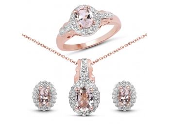 14K Rose Gold Plated 2.68 Carat Genuine Morganite And White Topaz .925 Sterling Silver Jewelry Set