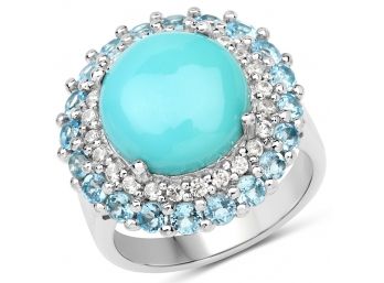 6.70 Carat Genuine Turquoise, Swiss Blue Topaz And White Zircon .925 Sterling Silver Ring