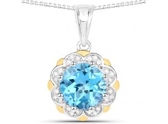 2.32 Carat Genuine Swiss Blue Topaz And White Diamond 14K Yellow Gold With .925 Sterling Silver Pendant