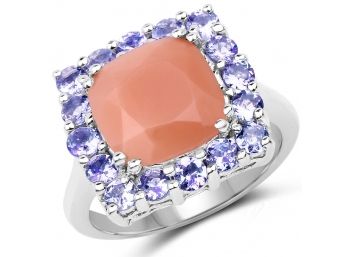 6.70 Carat Genuine Peach Moonstone And Tanzanite .925 Sterling Silver Ring
