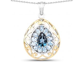 18K Yellow Gold Plated 4.44 Carat Genuine London Blue Topaz And Blue Topaz .925 Sterling Silver Pendant