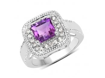 1.80 Carat Genuine Amethyst And White Topaz .925 Sterling Silver Ring