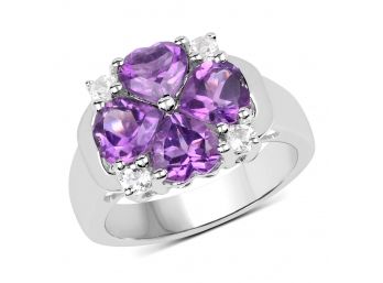3.12 Carat Genuine Amethyst And White Topaz .925 Sterling Silver Ring