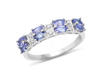 14K White Gold Plated 0.99 Carat Genuine Tanzanite And White Topaz .925 Sterling Silver Ring