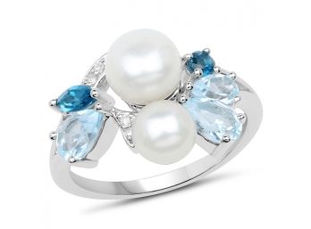 1.27 Carat Genuine Multi Stone And Pearl .925 Sterling Silver Ring
