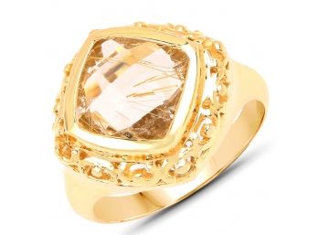 14K Yellow Gold Plated 3.86 Carat Genuine Golden Rutile Quartz .925 Sterling Silver Ring