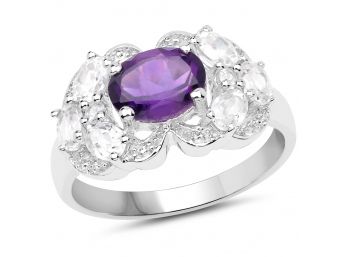 2.75 Carat Genuine Amethyst And White Zircon .925 Sterling Silver Ring