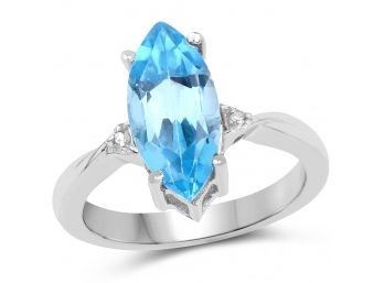 3.67 Carat Genuine Swiss Blue Topaz And White Diamond .925 Sterling Silver Ring