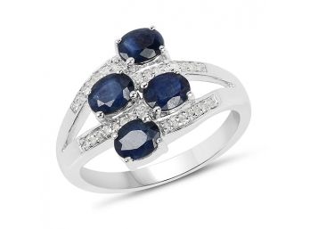 1.61 Carat Genuine Blue Sapphire And White Diamond .925 Sterling Silver Ring