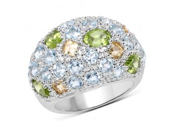 11.38 Carat Genuine Peridot, Citrine And Blue Topaz .925 Sterling Silver Ring