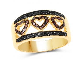 14K Yellow Gold Plated 0.32 Carat Genuine Black Diamond And Red Diamond .925 Sterling Silver Ring