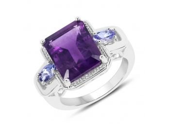 5.15 Carat Genuine Amethyst And Tanzanite .925 Sterling Silver Ring Ring