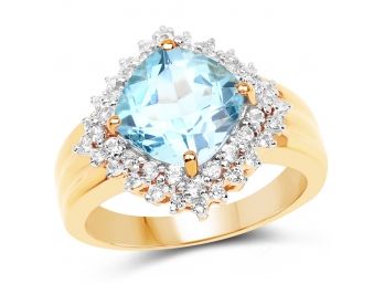 14K Yellow Gold Plated 4.33 Carat Genuine Swiss Blue Topaz And White Topaz .925 Sterling Silver Ring