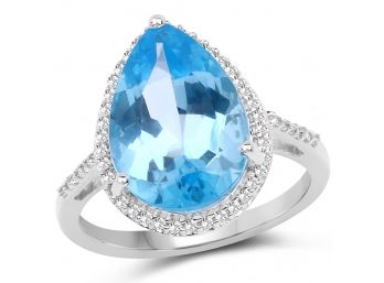6.76 Carat Genuine Swiss Blue Topaz And White Topaz .925 Sterling Silver Ring