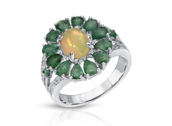 2.52 Carat Genuine Ethiopian Opal, Emerald And White Diamond .925 Sterling Silver Ring